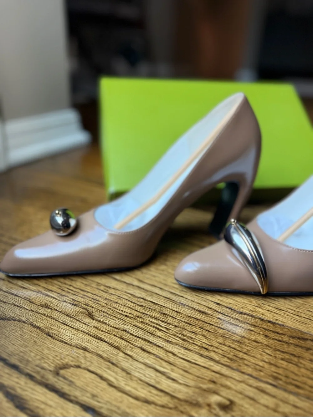 Tory Burch Pierced Pump Tan Leather Block Heel Pumps with Metallic Accent.
